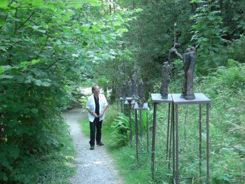 Bronze tableaux of Artists of the Silk Road at broomhill Sculpture Gardens, North Devon