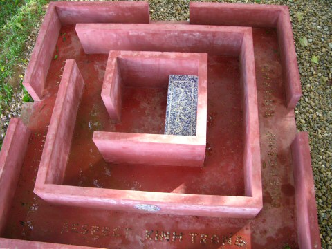 Viewed from above, the central bench area of the sculpture installation maze