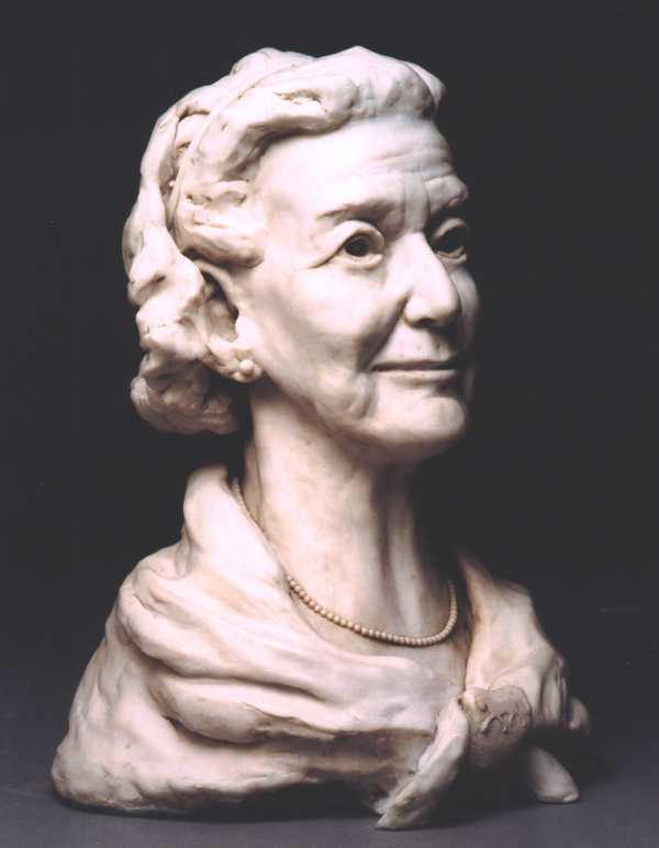 Three quarter profile view of bust of Mrs Margaret Lomas