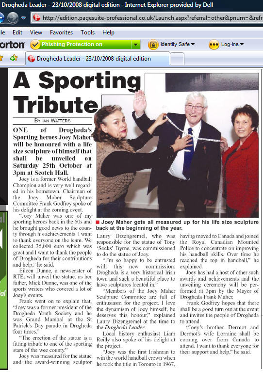 Article by Ian Watters in the Drogheda Leader about Joey Maher: former world champion of handball, and his sculpture by sport sculptor Laury Dizengremel