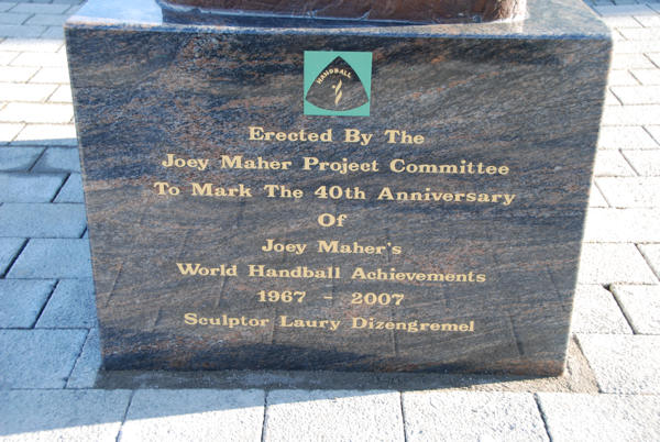 Inscription on the base of the Joey Maher lifesize sports sculpture
