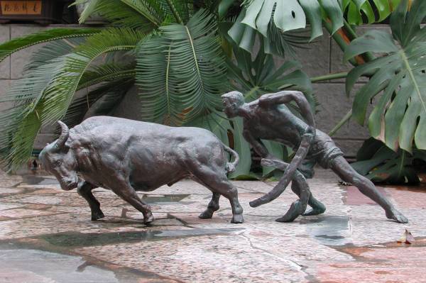 Chinese Bull and farmer sculpture - shown here in bronze resin but also available in bronze